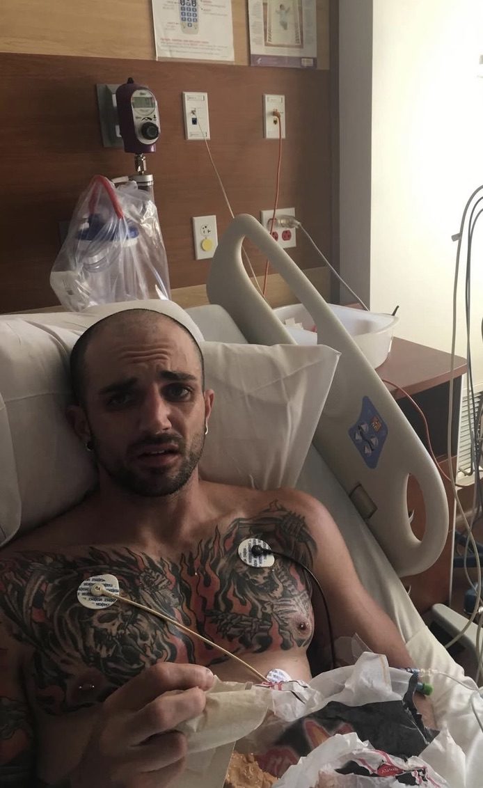 Matt during the struggle. Hospital bed, the years that nearly cost him his life.